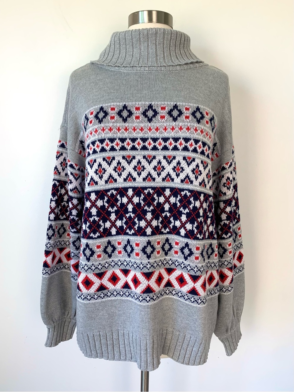 NWT Crown & Ivy Fair Isle Nordic Turtleneck Sweater Gray Large
